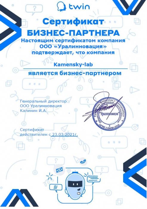 Сертификат "БИЗНЕС-ПАРТНЕРА" TWIN